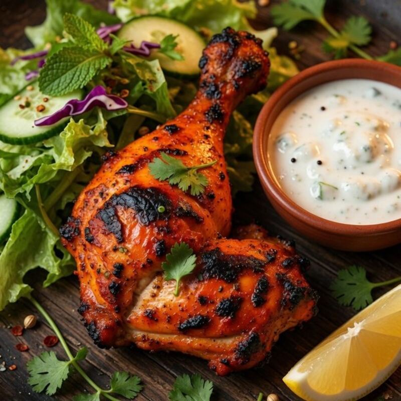 Poulet tandoori rôti au four argile, riz et sauces maison chez Indian Mood Rennes